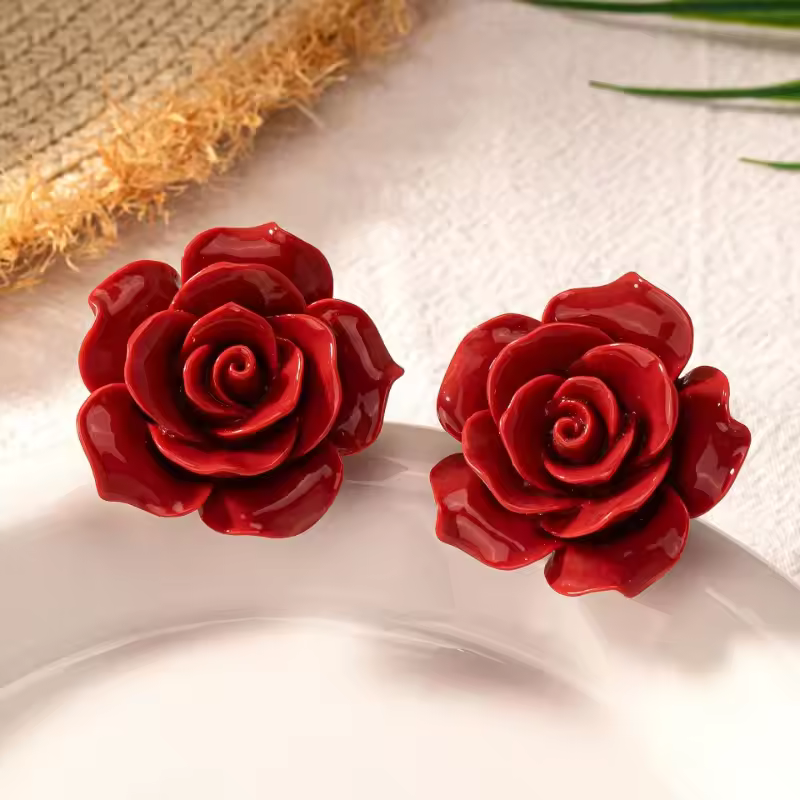 tud Earrings For Women Red Rose Flower Retro Minimalist Geometric Ear Accessories Fashion Jewelry