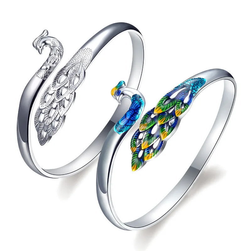 Cloisonne Peacock Phoenix Silver Plated Ethnic Vintage Openwork Bracelet Jewelry