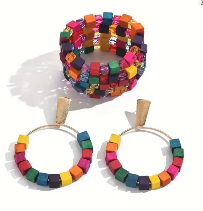 Bohemian Casual Colorful Wood Square Beaded Bracelet+Dangle Earrings Trendy Jewelry Set，For Women