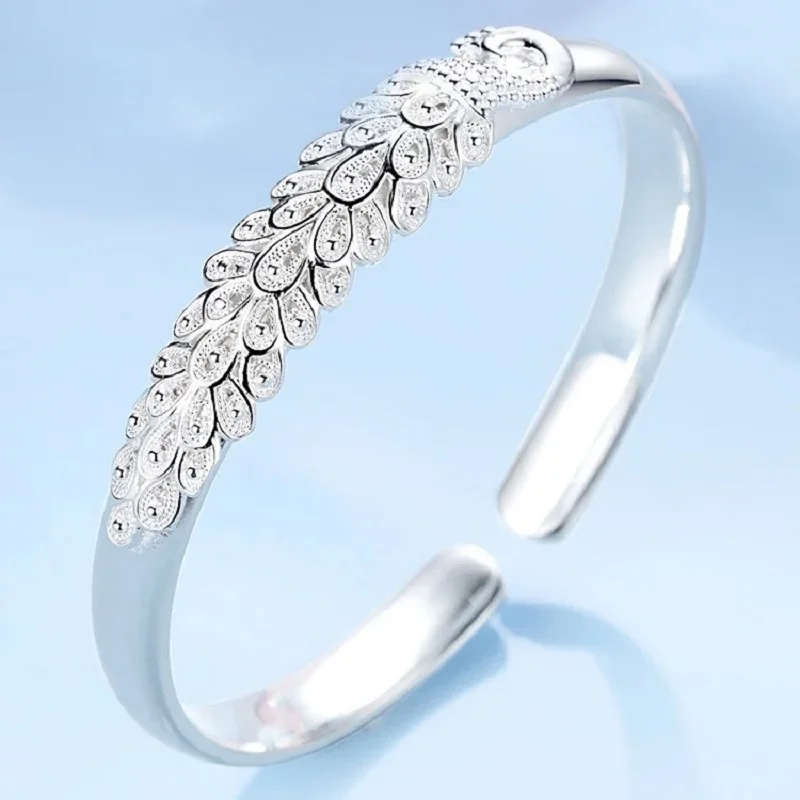 925 sterling silver elegant Peacock opening screen bracelet Bangles for women