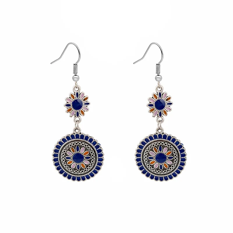 retro Bohemian earrings alloy drip oil circular sunflower ear hook retro ethnic style earrings