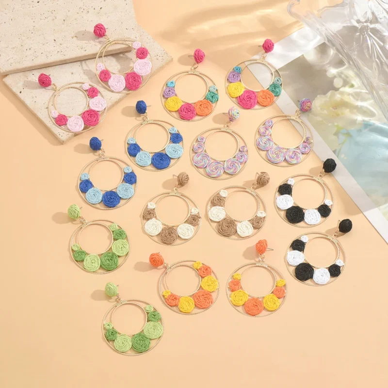 Bohemia Hit Color Round Raffia Earrings For Women