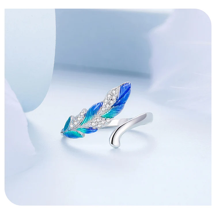 WOSTU 925 Sterling Silver Enamel Blue Feather Open Ring For Women