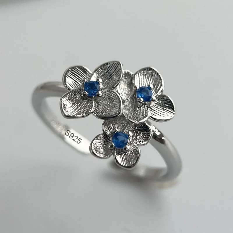 925 Sterling Silver Rings for Women Couple Minimalist Handmade Simple Blue Flower Zircon Ring