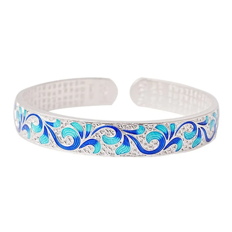 Retro Gloss silver 925 Heart Sutra Bracelet for women Blue Green Enamel Roll Grass Pattern bangles