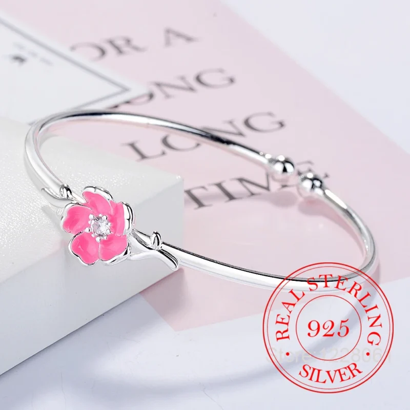 925 Sterling Silver Pink Zricon Flower Cuff Bangle Bracelet For Women