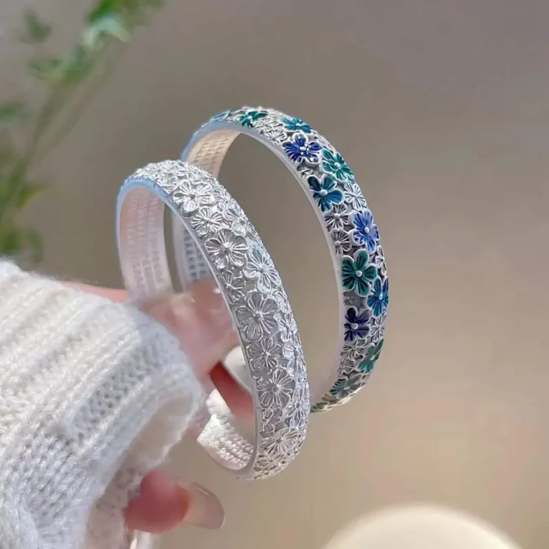 Silver Color Enamel Flower Heart Sutra Cuff Bangle for Women Vintage Flower Engraving Bangles