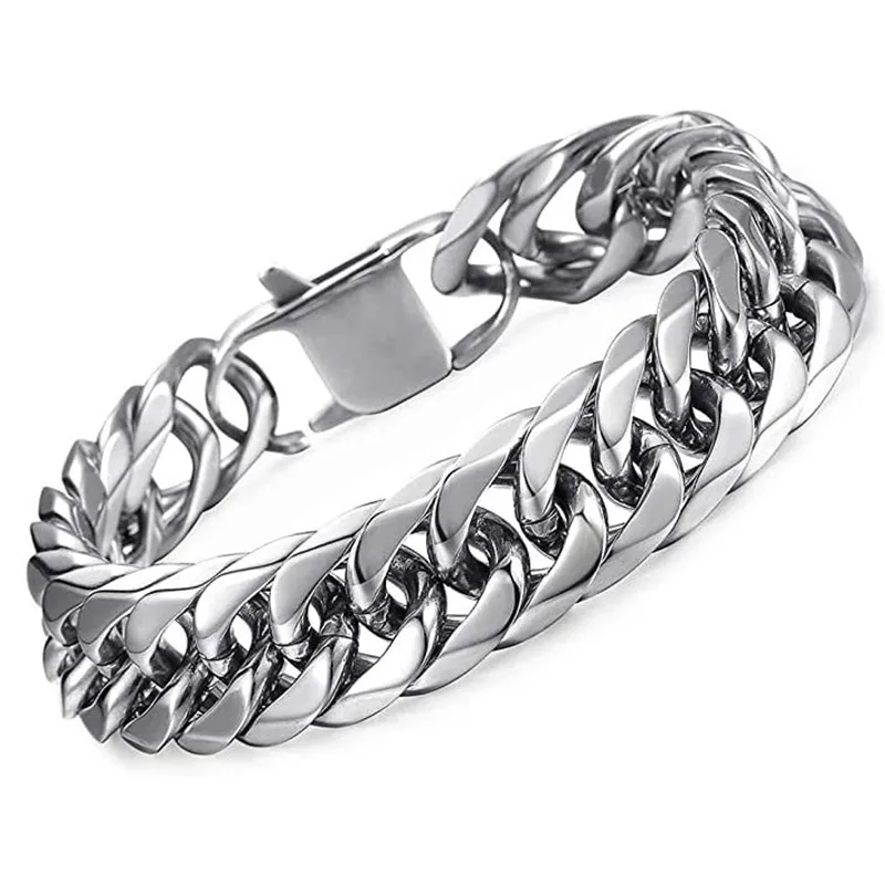 Stainless Steel LA Cuban Link Chain Bracelet For Men Punk Hip Hop Silver Color Hand Chain