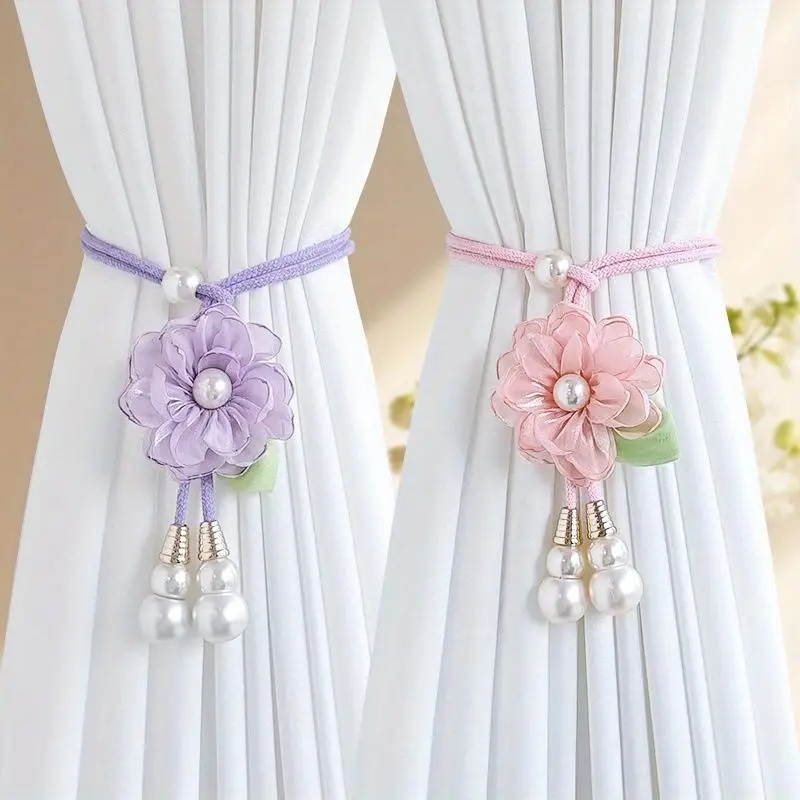 Adjustable Camellia Curtain Tieback Beautifully Punch-free Pearl Curtain Buckle Elegant Curtains Tie Rope Living Room