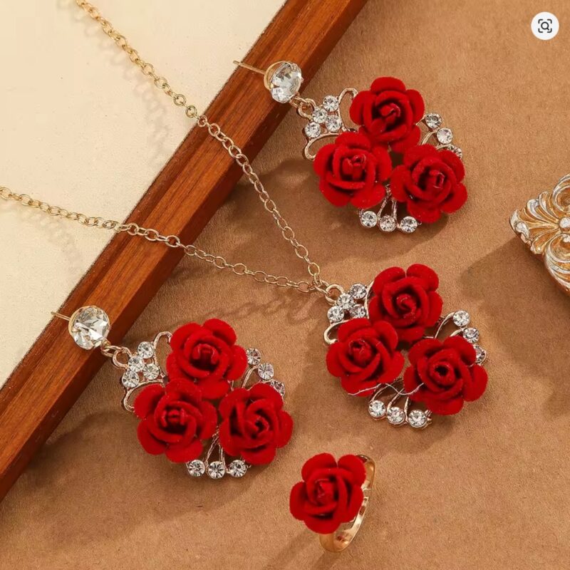 4pcs/Set Romantic Lovely Red Rose Flower Inlaid Rhinestone Pendant Necklaces+Dangle Earrings+Ring，For Women