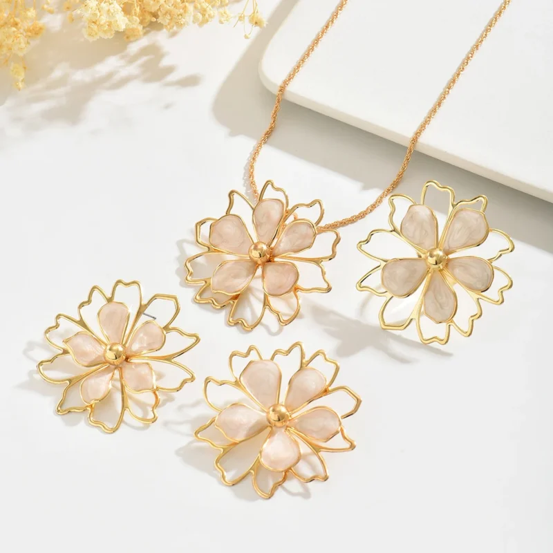 Trendy Colorful Hollow Enamel Flower Earrings Necklaces Rings for Women Bohemia Exquisite Floral Jewelry Sets