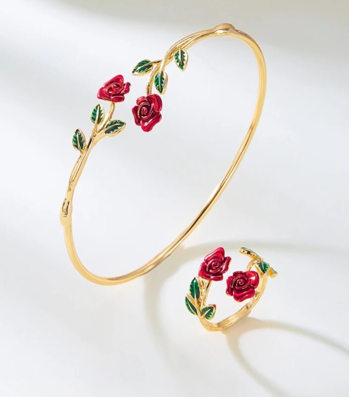 Vintage Dripping Oil Red Rose Flower Bracelet Ring Set for Women Gold Color Open Cuff
