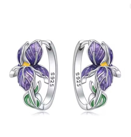 925 Sterling Silver Flower and Plant Series Purple Iris Earrings