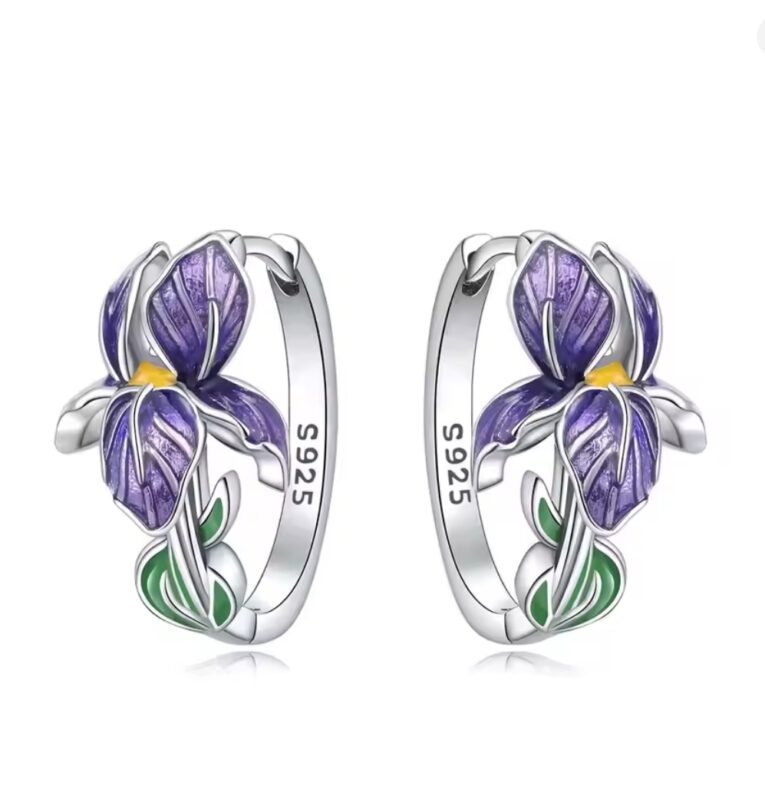 925 Sterling Silver Flower and Plant Series Purple Iris Earrings