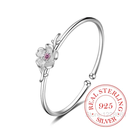 925 Sterling Silver Pink Zricon Flower Cuff Bangle Bracelet For Women